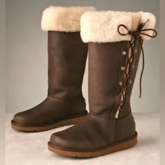 UGG Australia Upside Brown Leather Tall Winter Lace Boots Women’s Size 6 - Picture 1 of 10